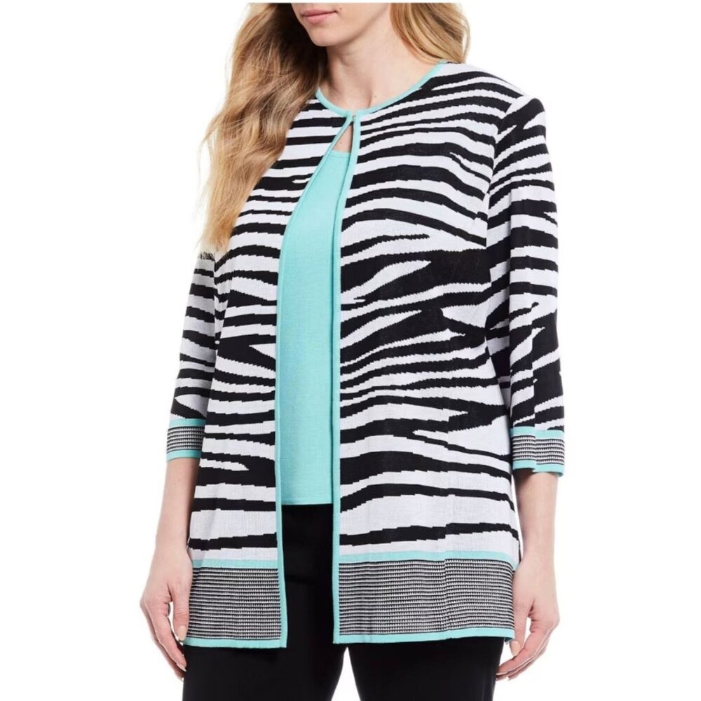 Ming Wang Women's Heritage Fit Zebra Print 3/4 Sleeve Knit Black White Jacket XL